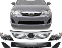 Front Upper & Lower Grille + Headlights + Fog Light Covers Primed Left Driver & Right Passenger Side Direct Replacement Compatible With 2012-2014 Toyota Camry TO1200344 TO1036128