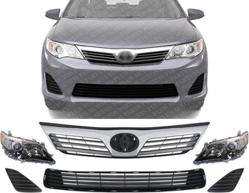 Front Upper & Lower Grille + Headlights + Fog Light Covers Primed Left Driver & Right Passenger Side Direct Replacement Compatible With 2012-2014 Toyota Camry TO1200344 TO1036128
