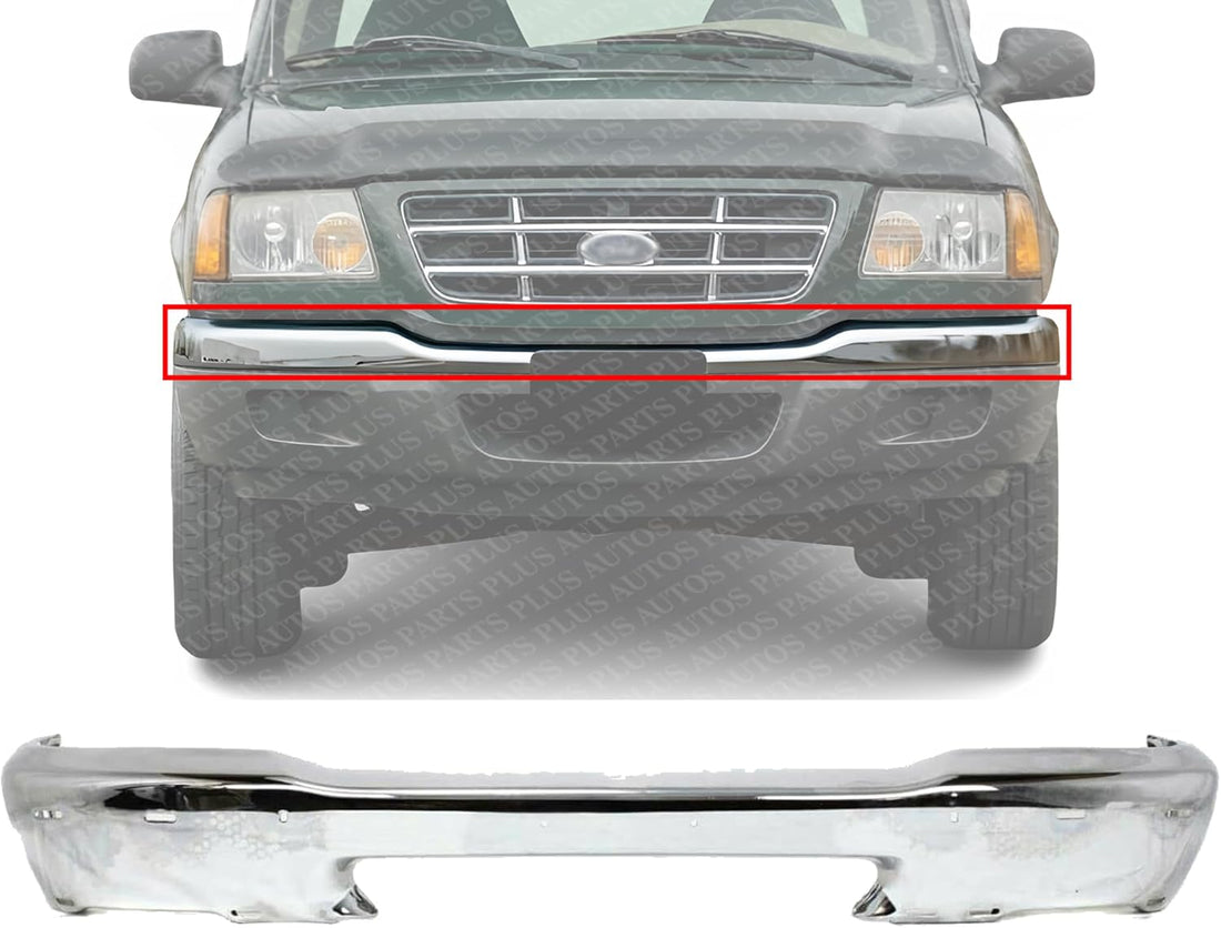 Front Bumper Chrome Styleside With Pad Holes Direct Replacement Compatible With 1998-2000 Ford Ranger FO1002346 F87Z17757BA