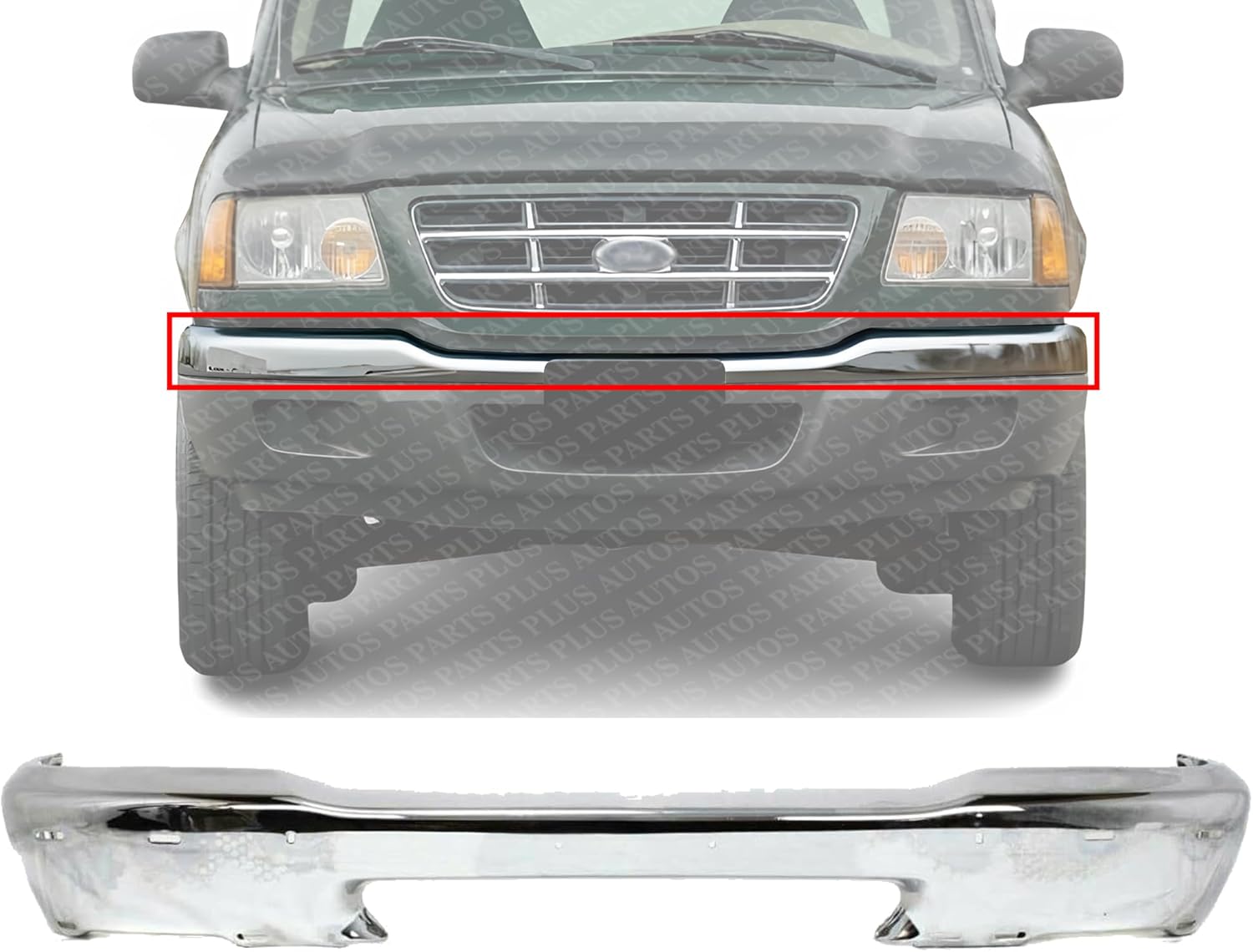 Front Bumper Chrome Styleside With Pad Holes Direct Replacement Compatible With 1998-2000 Ford Ranger FO1002346 F87Z17757BA