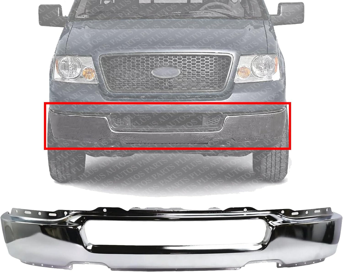 Front Bumper Face Bar Chrome Steel Without Fog Light Holes Direct Replacement Compatible With 2004-2006 Ford F-150 FO1002388 4L3Z17757AA