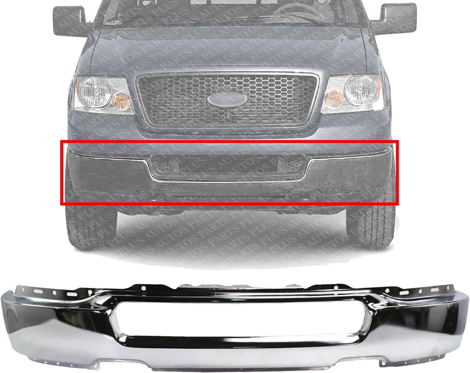 Front Bumper Face Bar Chrome Steel Without Fog Light Holes Direct Replacement Compatible With 2004-2006 Ford F-150 FO1002388 4L3Z17757AA