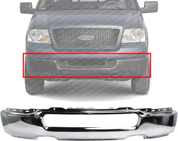 Front Bumper Face Bar Chrome Steel Without Fog Light Holes Direct Replacement Compatible With 2004-2006 Ford F-150 FO1002388 4L3Z17757AA