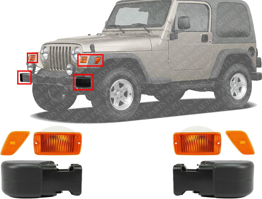 Front Bumper End Caps + Signal & Side Marker Lamp Direct Replacement Compatible With Jeep Wrangler 2001-2006 CH2520141 CH2521141 CH2550120 CH2551120 CH1005128 CH1004128 55156489AB