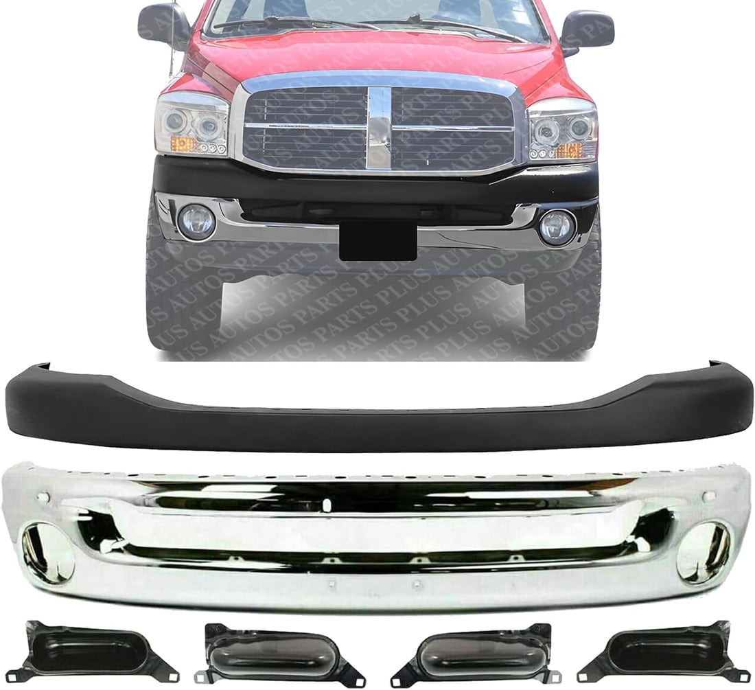 Front Bumper Face Bar Chrome Steel + Upper Cover Textured + Upper And Lower Brackets Right & Left Side Direct Replacement Compatible With 2006-2008 Dodge Ram 1500 CH1002383 CH1000880