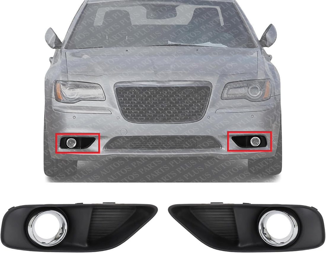 Set Of 2 Front Fog Light Molding Primed Plastic With Chrome Trim Left Driver & Right Passenger Side Direct Replacement Compatible With 2012-2014 Chrysler 300 CH1039150 CH1038150