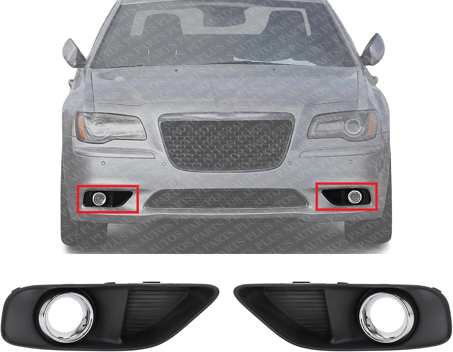 Set Of 2 Front Fog Light Molding Primed Plastic With Chrome Trim Left Driver & Right Passenger Side Direct Replacement Compatible With 2012-2014 Chrysler 300 CH1039150 CH1038150