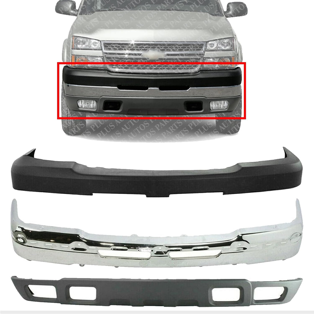 Front Bumper Face Bar Chrome Steel + Upper Cover + Lower Valance with Fog Light Holes Textured Direct Replacement For 2003-2006 Chevrolet Silverado 2500HD 3500 GM1051109 GM1002416