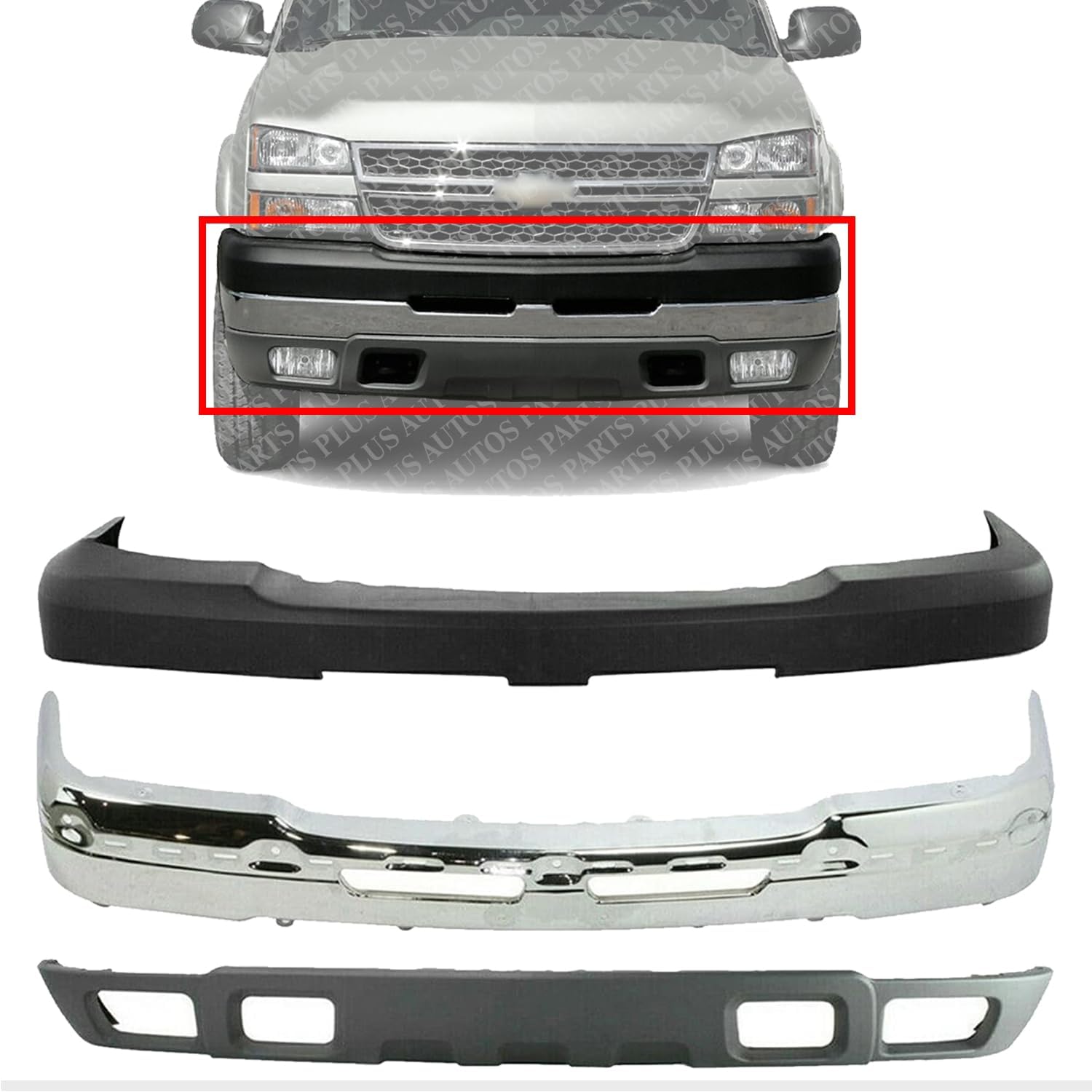 Front Bumper Face Bar Chrome Steel + Upper Cover + Lower Valance with Fog Light Holes Textured Direct Replacement For 2003-2006 Chevrolet Silverado 2500HD 3500 GM1051109 GM1002416