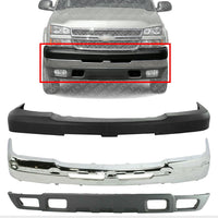Front Bumper Face Bar Chrome Steel + Upper Cover + Lower Valance with Fog Light Holes Textured Direct Replacement For 2003-2006 Chevrolet Silverado 2500HD 3500 GM1051109 GM1002416