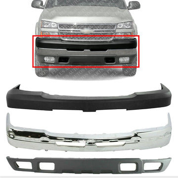 Front Bumper Face Bar Chrome Steel + Upper Cover + Lower Valance with Fog Light Holes Textured Direct Replacement For 2003-2006 Chevrolet Silverado 2500HD 3500 GM1051109 GM1002416