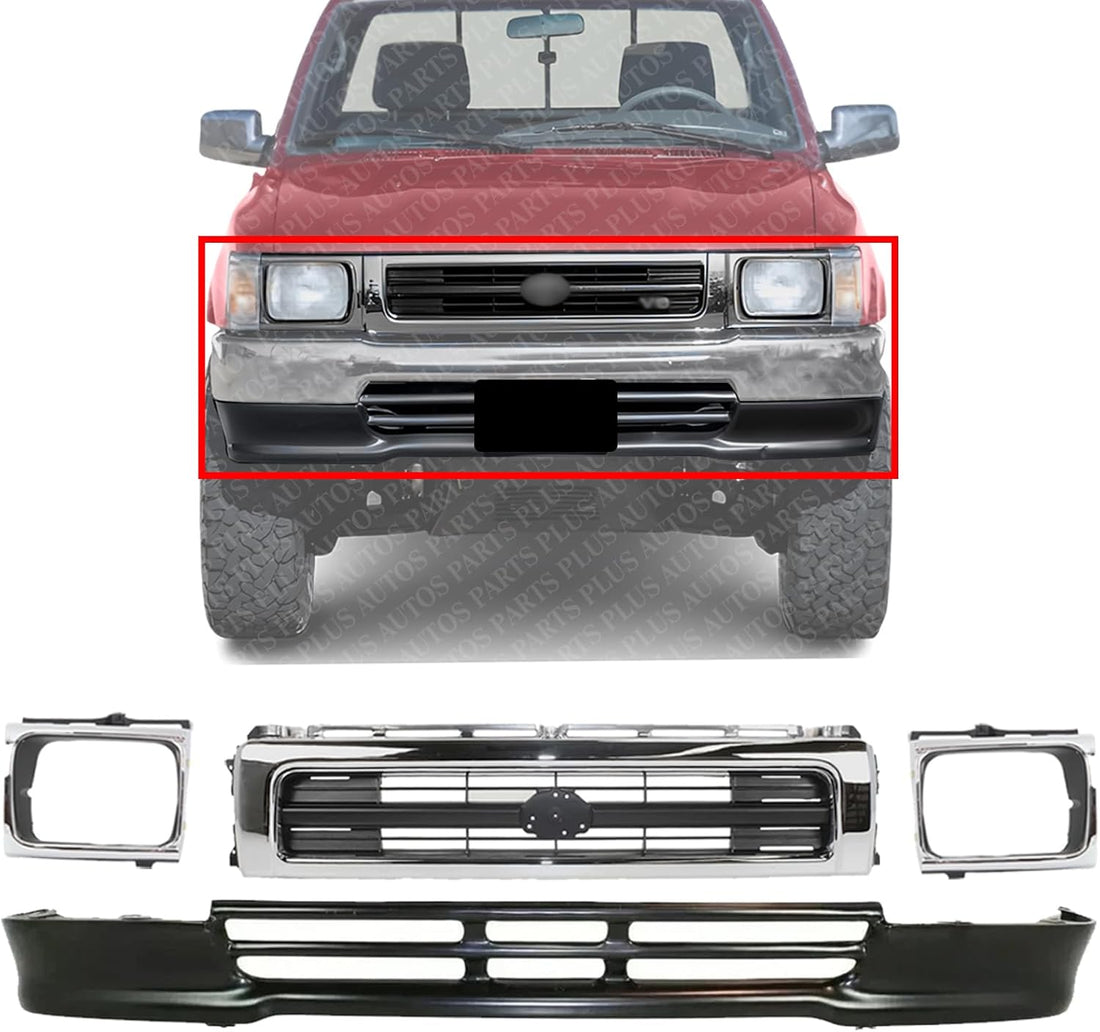 Front Grille Chrome Shell Black Insert + Lower Valance Primed + Head Light Door Bezel Left Driver & Right Passenger Side Direct Replacement Compatible With 1992-1995 Toyota Pickup
