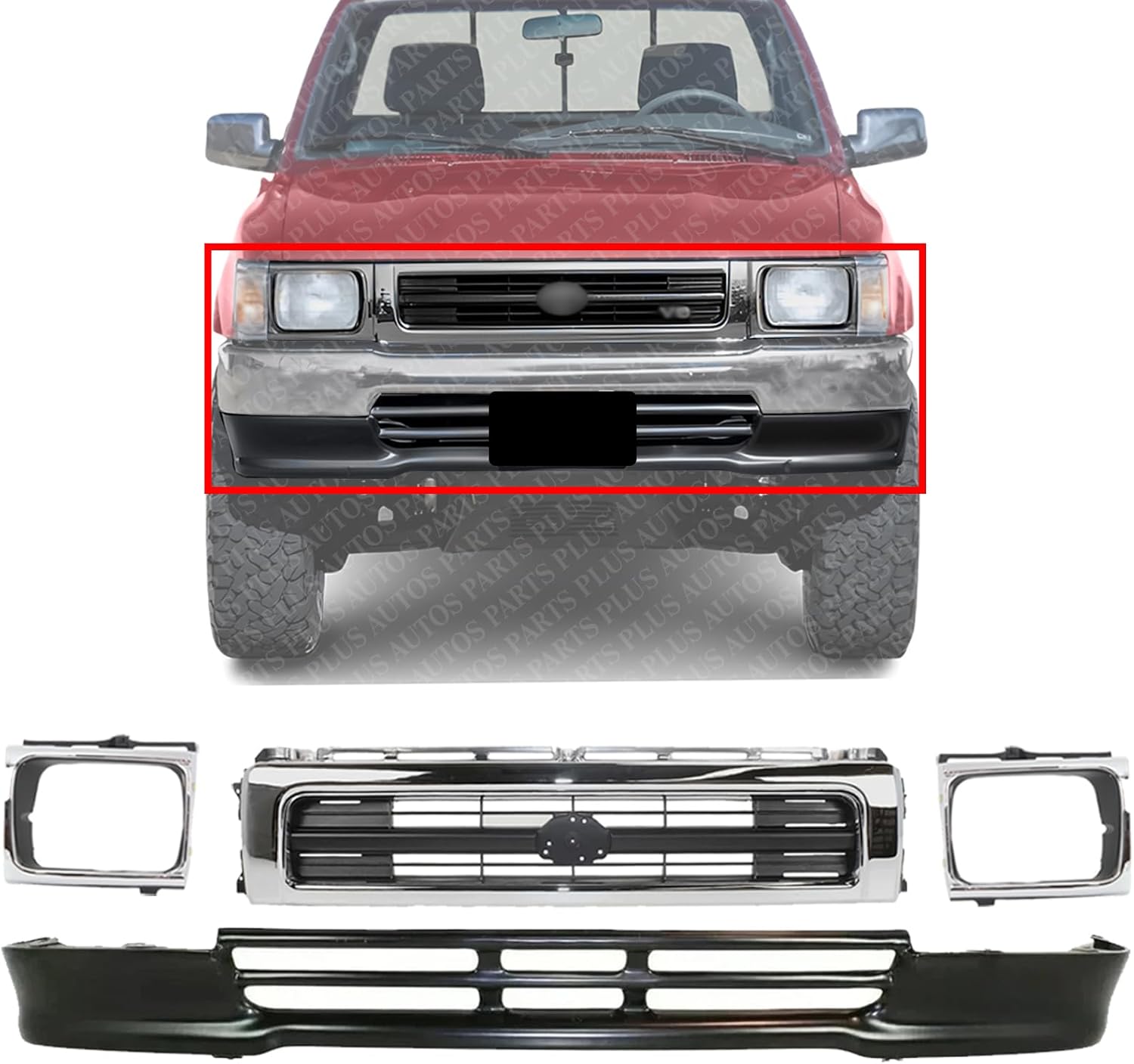 Front Grille Chrome Shell Black Insert + Lower Valance Primed + Head Light Door Bezel Left Driver & Right Passenger Side Direct Replacement Compatible With 1992-1995 Toyota Pickup