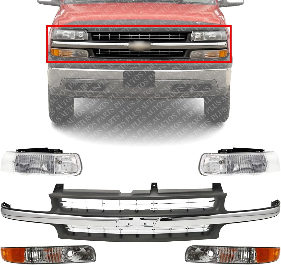 Front Grille Cross Bar Insert With Chrome Center-Bar + Head Lights + Park Lamps Right & Left Side Direct Replacement Compatible With Chevy Silverado 1999-02 / Tahoe/Suburban 2000-06