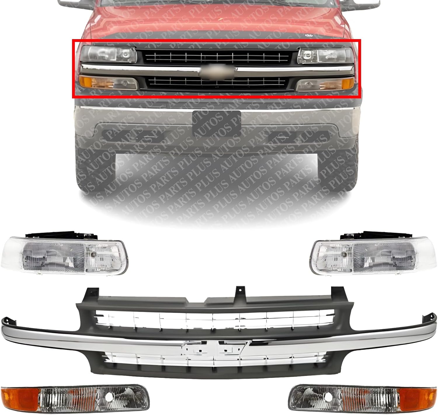 Front Grille Cross Bar Insert With Chrome Center-Bar + Head Lights + Park Lamps Right & Left Side Direct Replacement Compatible With Chevy Silverado 1999-02 / Tahoe/Suburban 2000-06