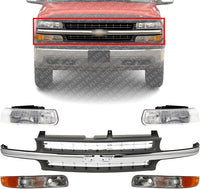 Front Grille Cross Bar Insert With Chrome Center-Bar + Head Lights + Park Lamps Right & Left Side Direct Replacement Compatible With Chevy Silverado 1999-02 / Tahoe/Suburban 2000-06
