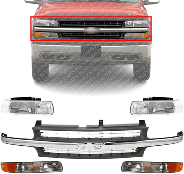 Front Grille Cross Bar Insert With Chrome Center-Bar + Head Lights + Park Lamps Right & Left Side Direct Replacement Compatible With Chevy Silverado 1999-02 / Tahoe/Suburban 2000-06