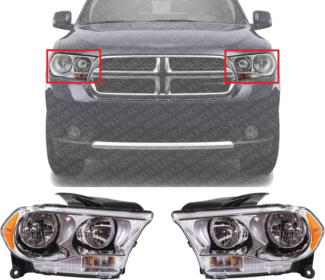 Set Of 2 Front Headlight Assembly Halogen With Chrome Interior Right Passenger & Left Driver Side Direct Replacement Compatible With 2011-2013 Dodge Durango CH2503228 CH2502228