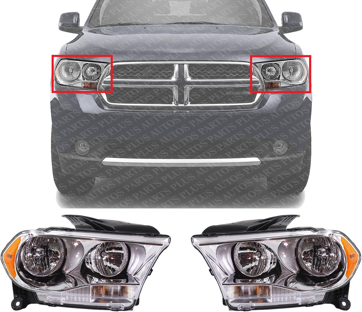 Set Of 2 Front Headlight Assembly Halogen With Chrome Interior Right Passenger & Left Driver Side Direct Replacement Compatible With 2011-2013 Dodge Durango CH2503228 CH2502228