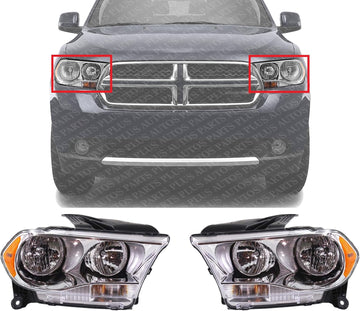 Set Of 2 Front Headlight Assembly Halogen With Chrome Interior Right Passenger & Left Driver Side Direct Replacement Compatible With 2011-2013 Dodge Durango CH2503228 CH2502228