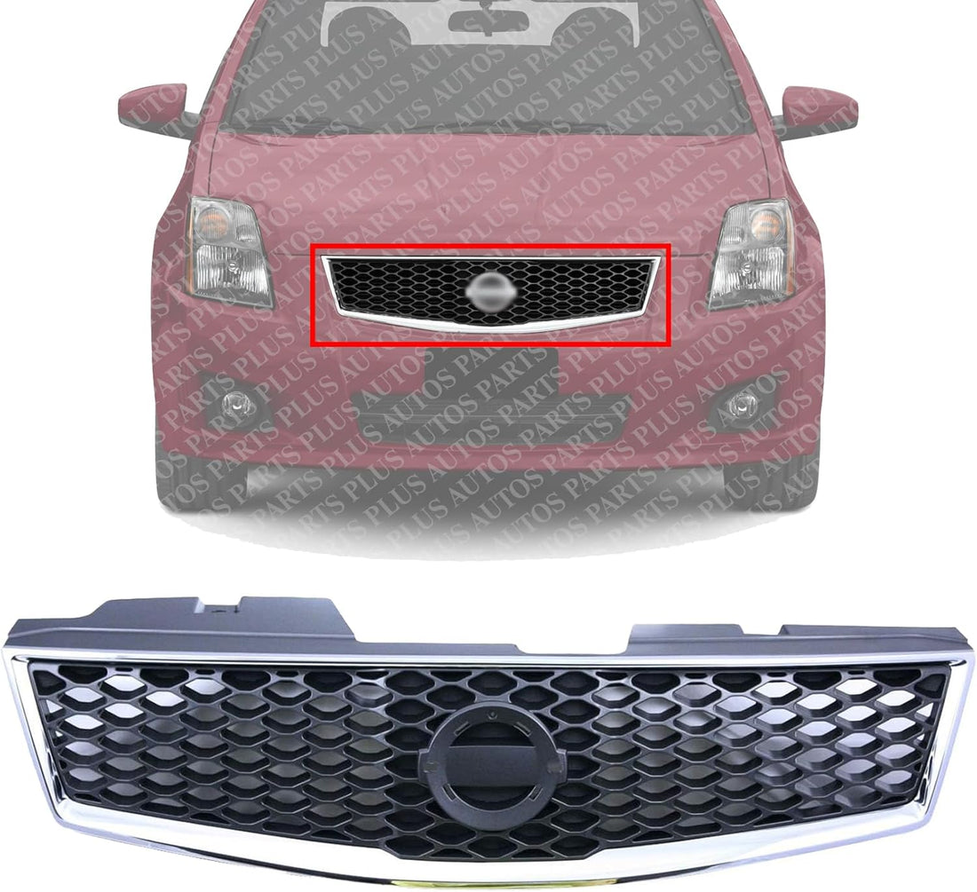 Front Grille Chrome Shell/Painted Dark Gray Insert Direct Replacement Compatible With 2007-2012 Nissan Sentra NI1200235 62070ZE90B