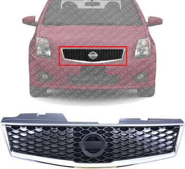 Front Grille Chrome Shell/Painted Dark Gray Insert Direct Replacement Compatible With 2007-2012 Nissan Sentra NI1200235 62070ZE90B