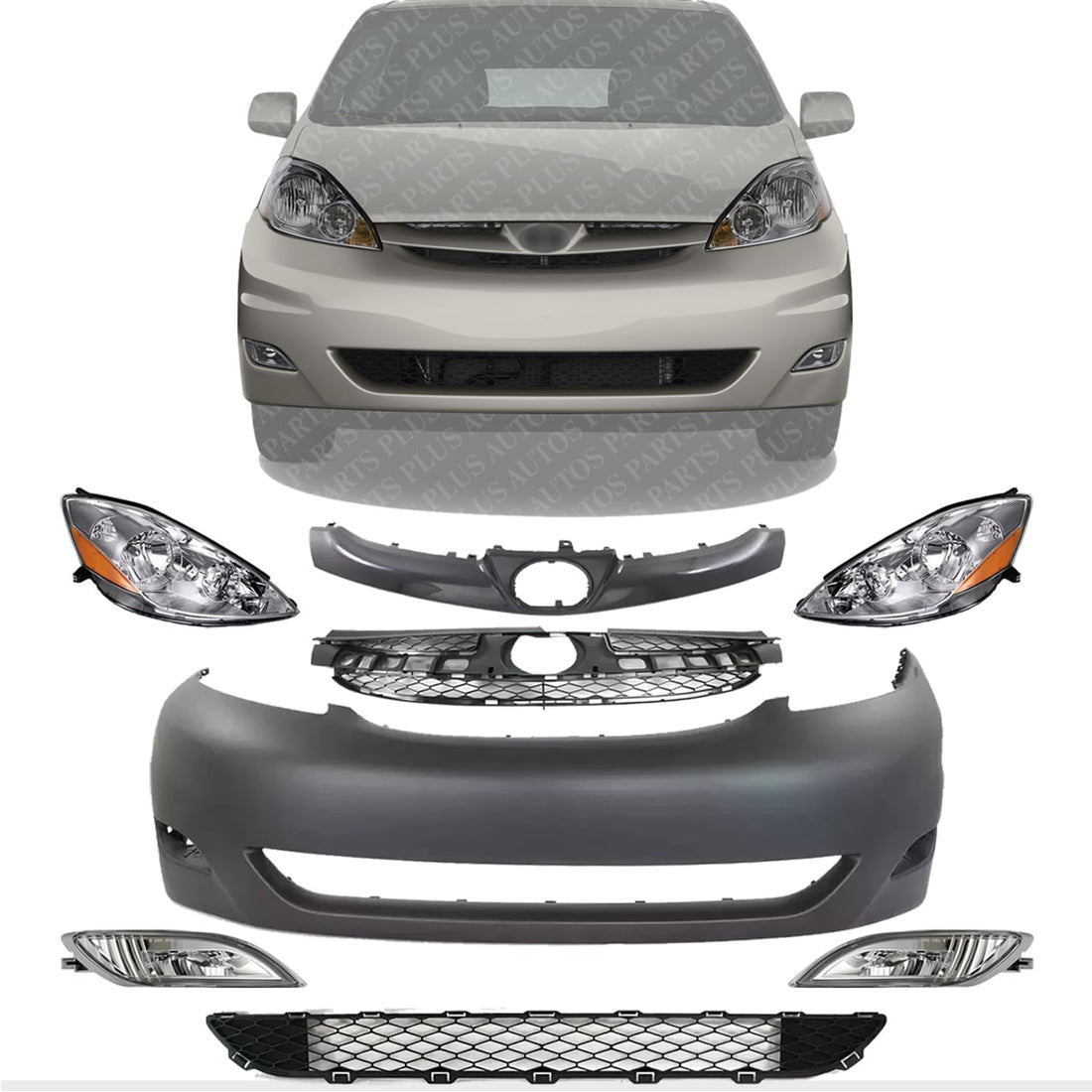 Front Bumper Cover + Upper & Lower Grilles + Molding Primed + Head Lights + Fog Lamps Left Driver And Right Passenger Side Direct Replacement Compatible With 2006-2010 Toyota Sienna
