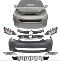 Front Bumper Cover + Upper & Lower Grilles + Molding Primed + Head Lights + Fog Lamps Left Driver And Right Passenger Side Direct Replacement Compatible With 2006-2010 Toyota Sienna