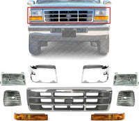 AUTOS PARTS PLUS Front Grille Chrome Shell & Plastic Insert + Bezels + Head Lamp + Signal & Corner Light Left Driver & Right Passenger Side Direct Replacement Compatible With 1992-1997 Ford F-Series