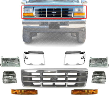 AUTOS PARTS PLUS Front Grille Chrome Shell & Plastic Insert + Bezels + Head Lamp + Signal & Corner Light Left Driver & Right Passenger Side Direct Replacement Compatible With 1992-1997 Ford F-Series