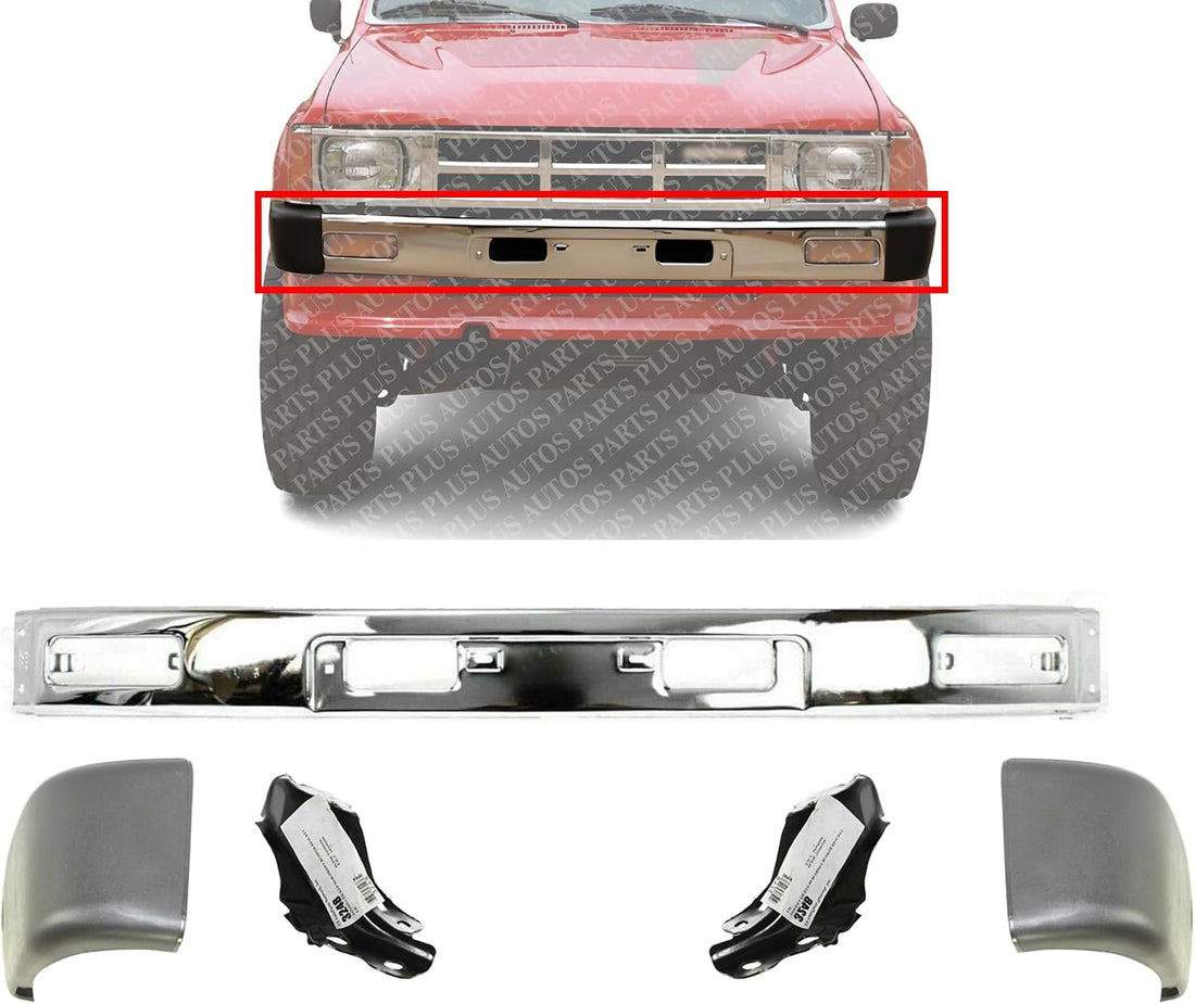 Front Bumper Chrome + End Caps Primed + Support Brackets Left Driver & Right Passenger Side Direct Replacement Compatible With 1984-1986 Toyota TO1004157 TO1005116 TO1066104