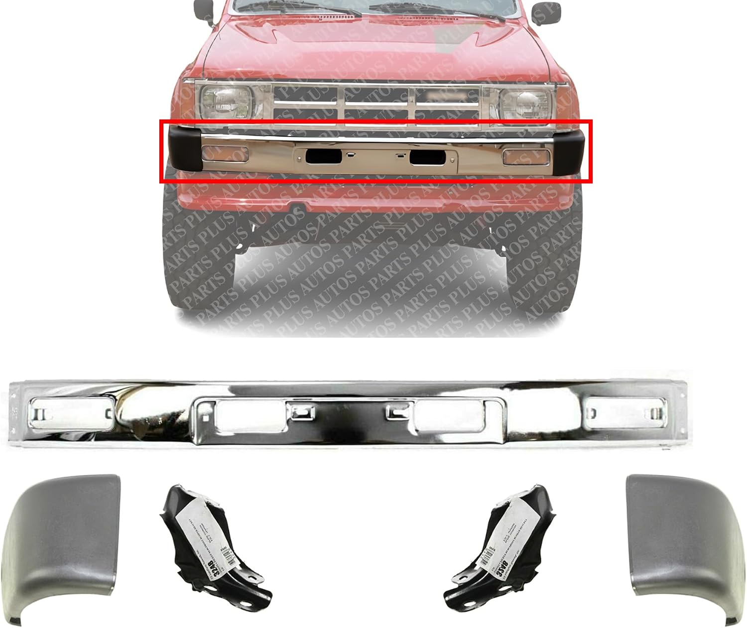 Front Bumper Chrome + End Caps Primed + Support Brackets Left Driver & Right Passenger Side Direct Replacement Compatible With 1984-1986 Toyota TO1004157 TO1005116 TO1066104