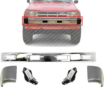 Front Bumper Chrome + End Caps Primed + Support Brackets Left Driver & Right Passenger Side Direct Replacement Compatible With 1984-1986 Toyota TO1004157 TO1005116 TO1066104