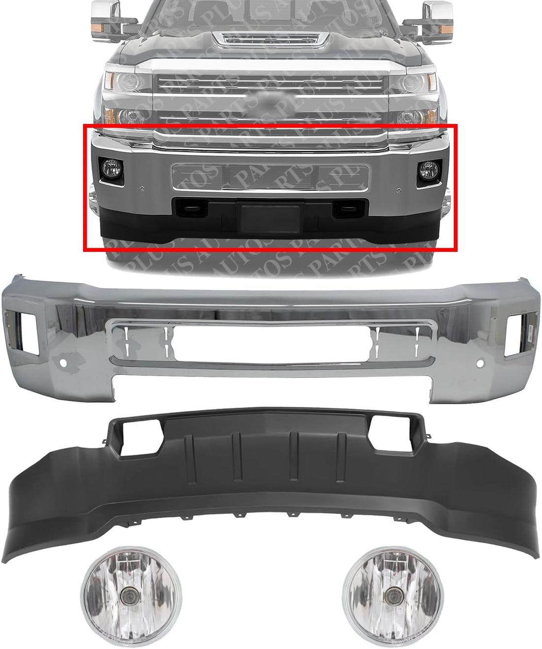Front Bumper Chrome + Lower Valance + Fog Lamp Left Driver and Right Passenger Side Direct Replacement Compatible With 2015-2019 Chevrolet Silverado 2500HD 3500HD GM1002850