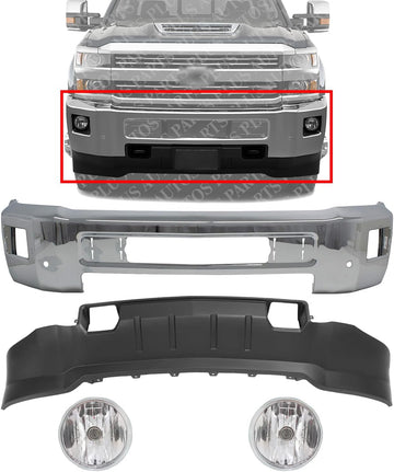 Front Bumper Chrome + Lower Valance + Fog Lamp Left Driver and Right Passenger Side Direct Replacement Compatible With 2015-2019 Chevrolet Silverado 2500HD 3500HD GM1002850