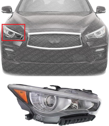 Front Headlight Assembly Right Passenger Side Direct Replacement Compatible With 2014-2017 Infiniti Q50 IN2503157 260104HB0B