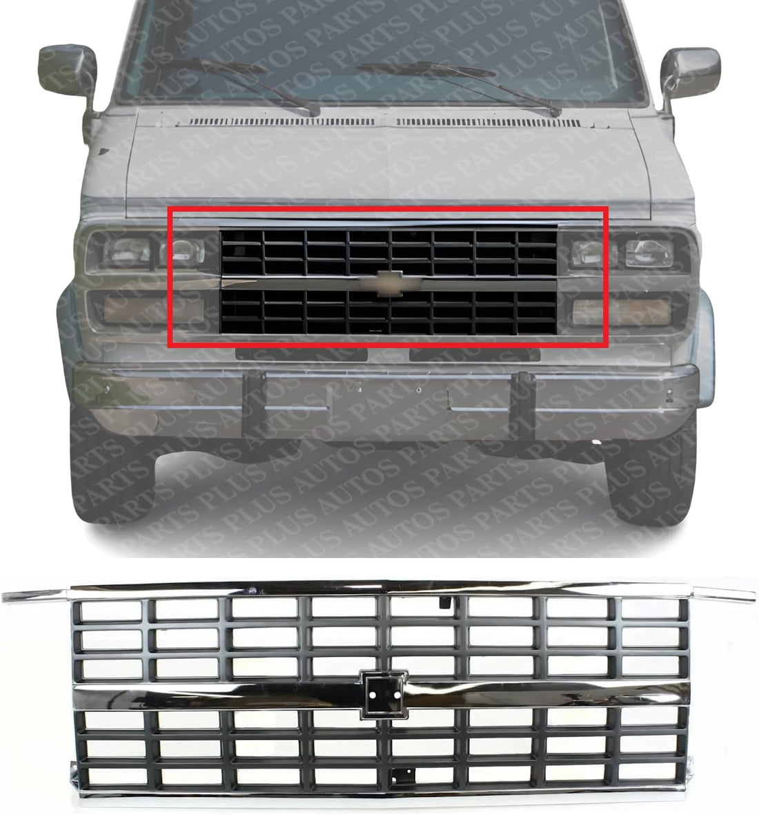 Front Grille Assembly Chrome Shell And Painted Gray Insert Plastic Direct Replacement Compatible With 1992-1996 Chevrolet G-Series Van GM1200241