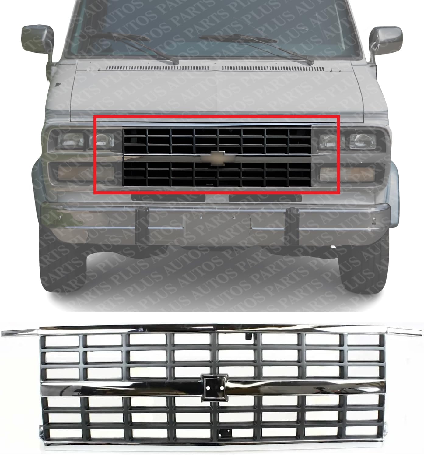 Front Grille Assembly Chrome Shell And Painted Gray Insert Plastic Direct Replacement Compatible With 1992-1996 Chevrolet G-Series Van GM1200241