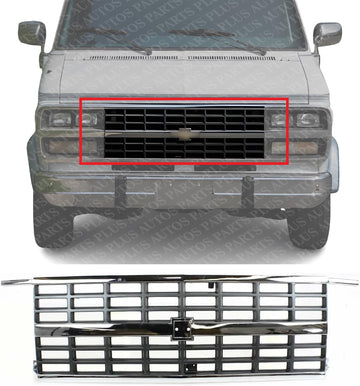 Front Grille Assembly Chrome Shell And Painted Gray Insert Plastic Direct Replacement Compatible With 1992-1996 Chevrolet G-Series Van GM1200241