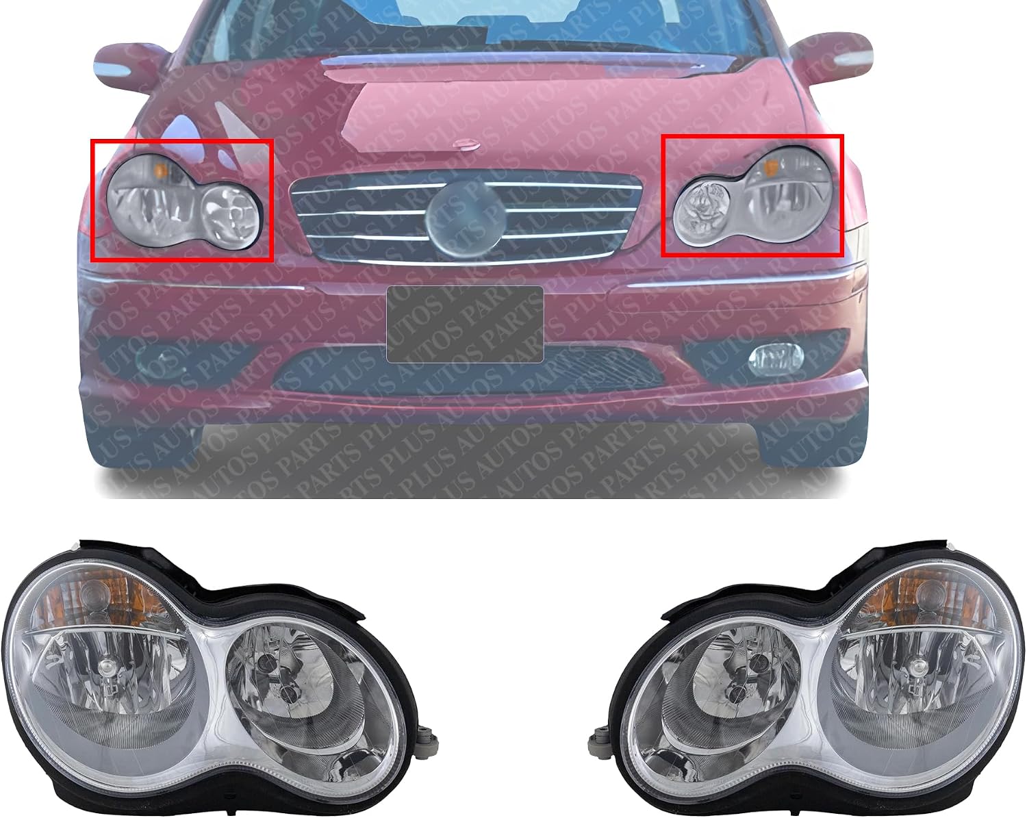 Front Headlight Assembly Left Driver and Right Passenger Side Direct Replacement Compatible With 2005-2007 Mercedes Benz C-Class MB2502148 MB2502209 MB2503148 MB2503209 2038201559