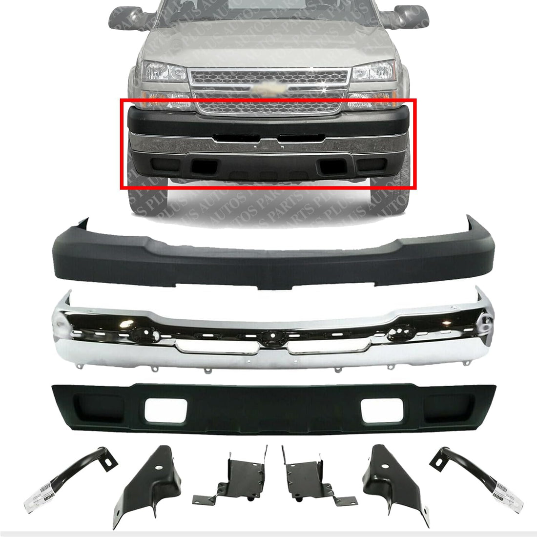 AUTOS PARTS PLUS Front Bumper Chrome Steel + Upper Cover + Lower Valance Textured + Bracket Set Of 6 RH & LH Direct Replacement Compatible With 2003-2006 Chevrolet Silverado 2500HD 3500 GM1051109