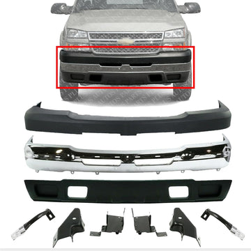 AUTOS PARTS PLUS Front Bumper Chrome Steel + Upper Cover + Lower Valance Textured + Bracket Set Of 6 RH & LH Direct Replacement Compatible With 2003-2006 Chevrolet Silverado 2500HD 3500 GM1051109