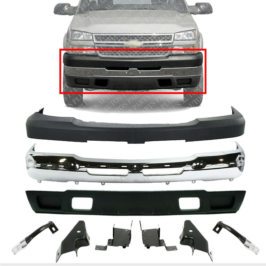 AUTOS PARTS PLUS Front Bumper Chrome Steel + Upper Cover + Lower Valance Textured + Bracket Set Of 6 RH & LH Direct Replacement Compatible With 2003-2006 Chevrolet Silverado 2500HD 3500 GM1051109