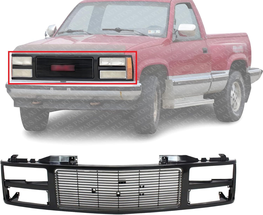Front Grille Assembly Primed Shell & Insert With Quad Composite Headlights Direct Replacement Compatible With 1988-1993 GMC / 1992-1993 Yukon C/K Series GM1200391 88960432