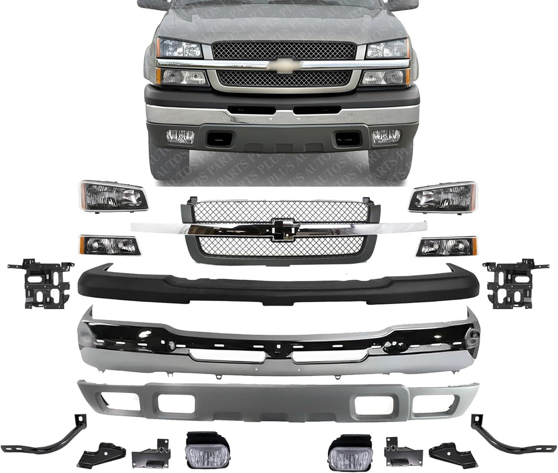 Front Bumper Chrome + Grille + Upper Cover + Lower Valance + Brackets + Headlights + Fog Lamps Left & Right Direct Replacement Compatible With 2003-2006 Chevrolet Silverado 1500