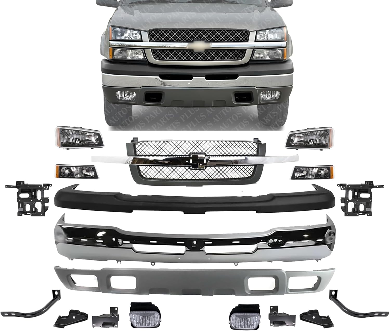 Front Bumper Chrome + Grille + Upper Cover + Lower Valance + Brackets + Headlights + Fog Lamps Left & Right Direct Replacement Compatible With 2003-2006 Chevrolet Silverado 1500