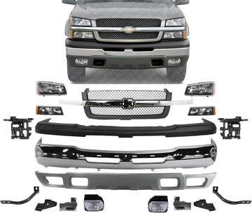 Front Bumper Chrome + Grille + Upper Cover + Lower Valance + Brackets + Headlights + Fog Lamps Left & Right Direct Replacement Compatible With 2003-2006 Chevrolet Silverado 1500