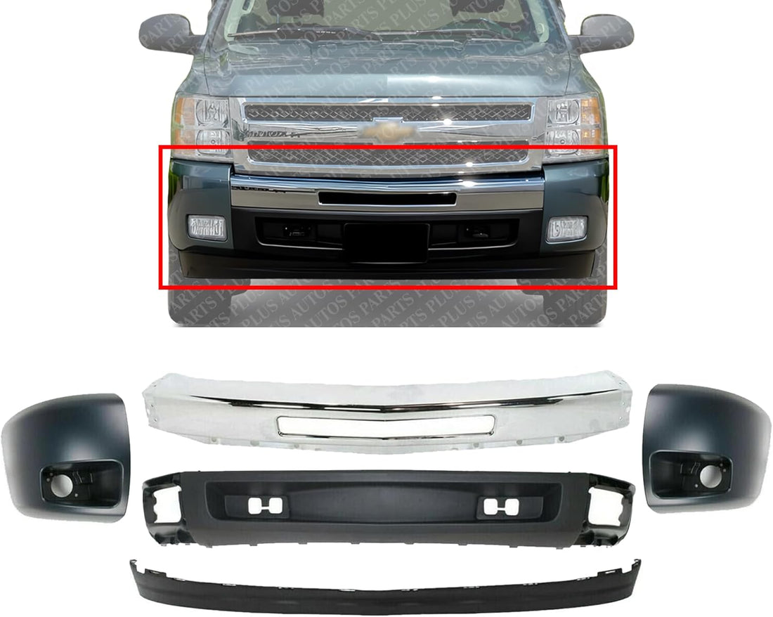 Front Bumper Chrome Steel + Lower Valance Air Deflector + Extension Textured + End Caps Primed RH & LH Direct Replacement Compatible With Chevrolet Silverado 1500 2007-2013 GM1092191