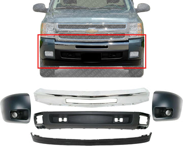 Front Bumper Chrome Steel + Lower Valance Air Deflector + Extension Textured + End Caps Primed RH & LH Direct Replacement Compatible With Chevrolet Silverado 1500 2007-2013 GM1092191