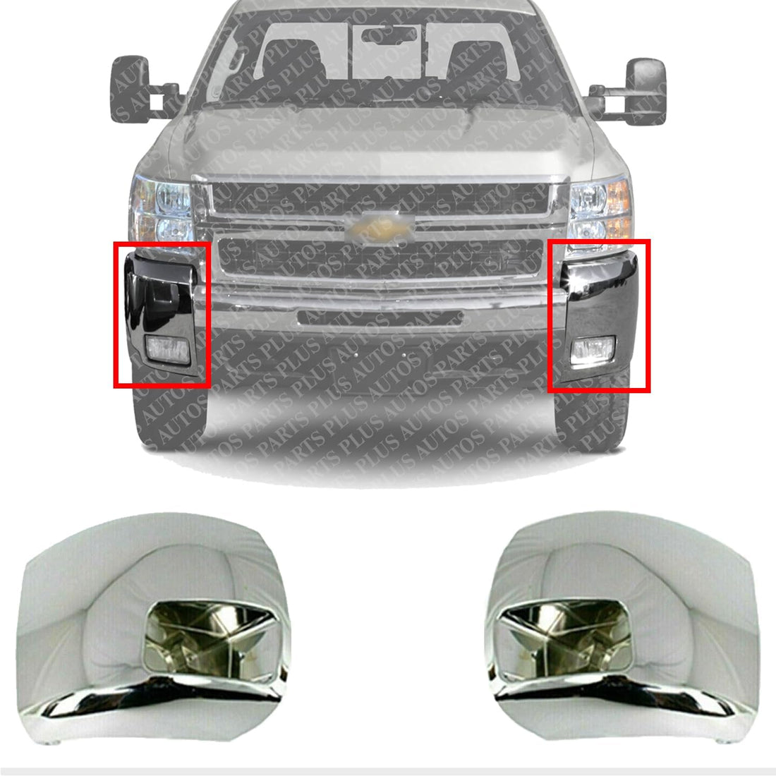 AUTOS PARTS PLUS Front Bumper End Caps Chrome Left Driver & Right Passenger Side Direct Replacement Compatible With 2007-2012 Chevrolet Silverado 2500HD 3500HD GM1016108 GM1017108 15839251